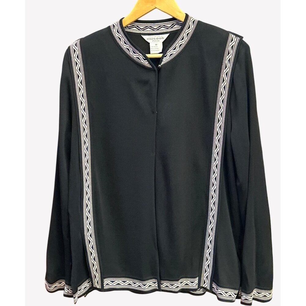 Vintage Misook Black Pink Geometric Trim Button Petite Cardigan SZ M Minimalist